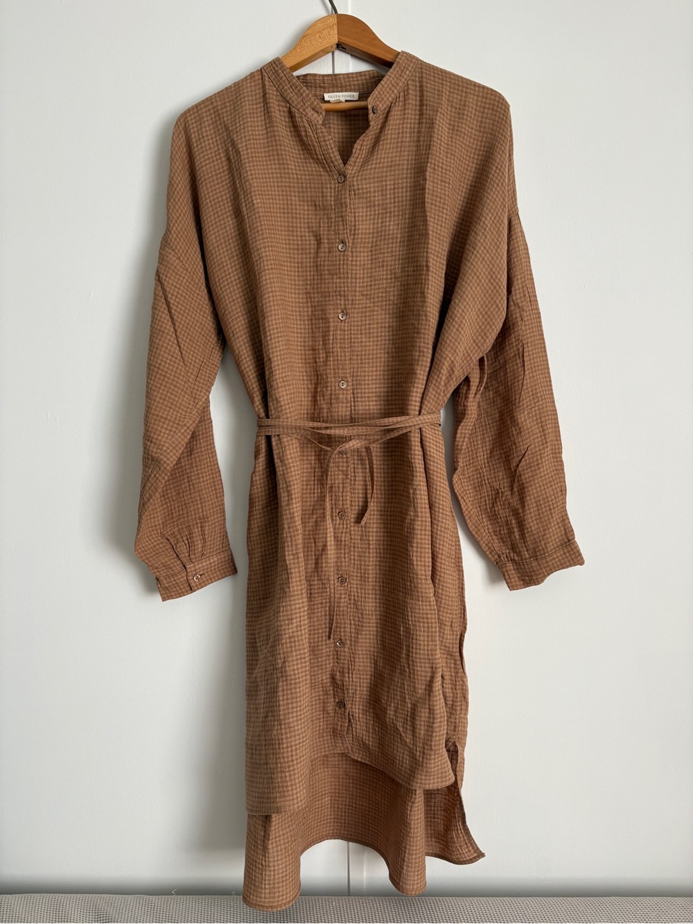Eileen Fisher Linen Gingham Button-Front Dress Duster in Brown Caramel M